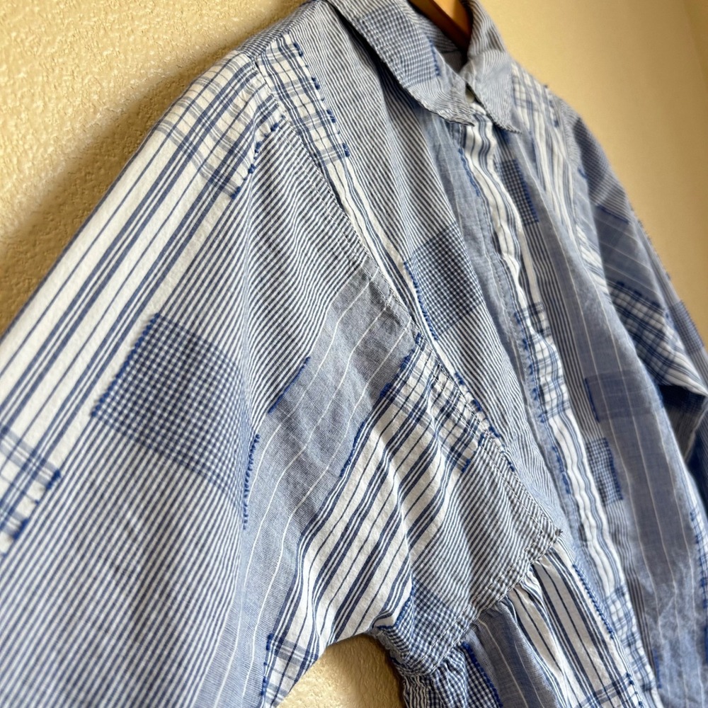 Vintage Anthropologie Shirt Size 2 Blue White Patchwork Quilt Striped Boho Beach - Picture 9 of 10